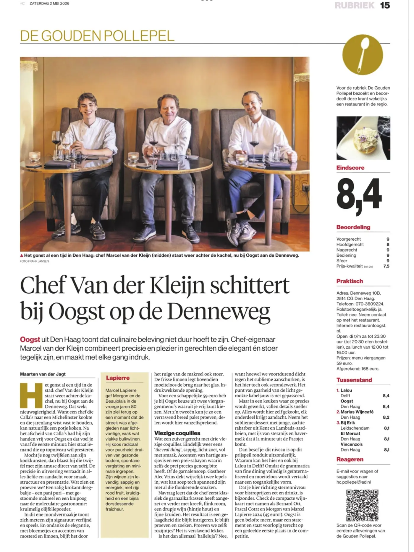 AD Gouden Pollepel: Chef Van der Kleijn schittert bij Oogst op de Denneweg, eindscore 8,4